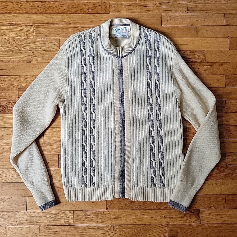 Squaw Valley Virgin Wool Cardigan Sweater Vintage Full Zip Mock Neck Fisherman